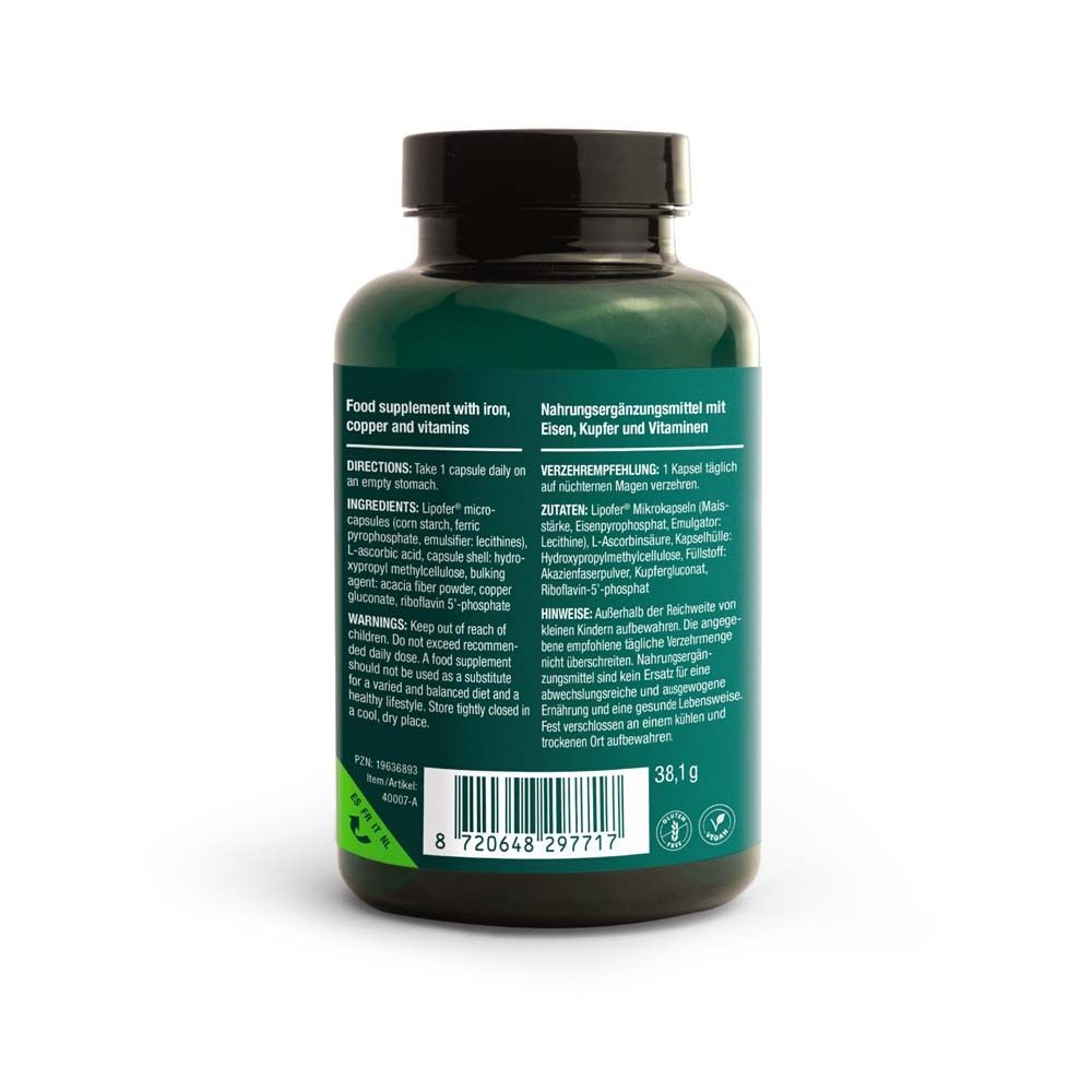 Dos du flacon vert. Texte en allemand. Code-barres et indication de poids.