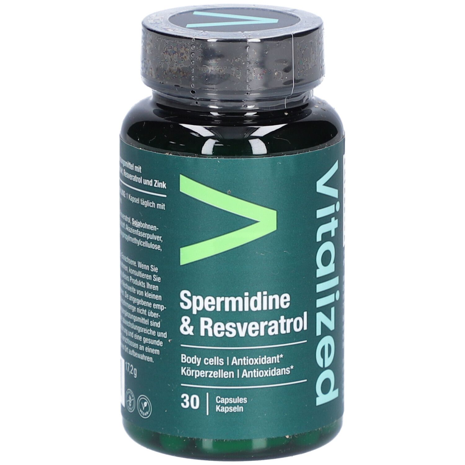 Flacon vert de gélules Spermidine & Resveratrol. Inscription : 30 gélules. Marque : Vitalized.