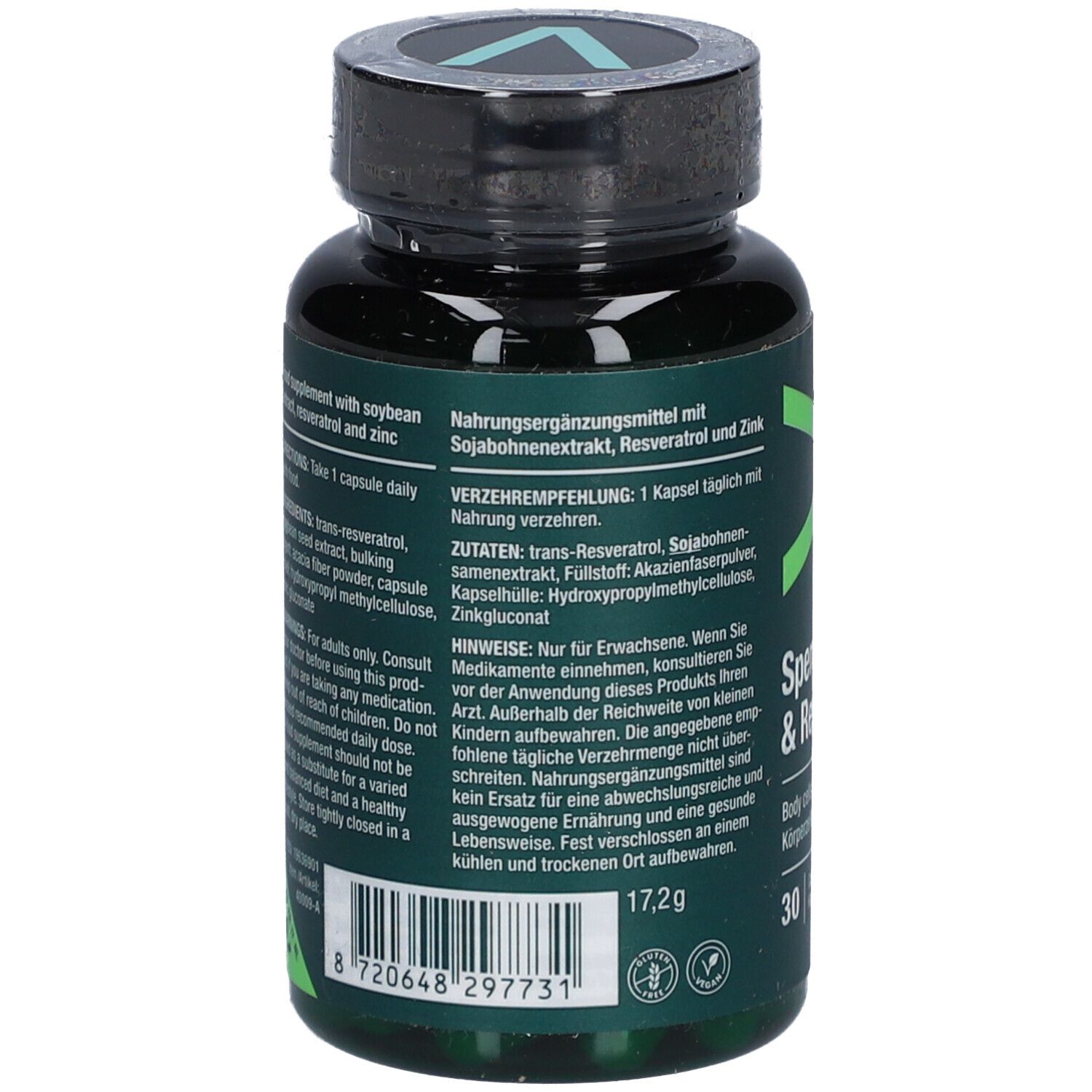 Dos du flacon vert de gélules. Texte : Complément alimentaire avec extrait de soja, resvératrol et zinc. Marque : Vitalized.