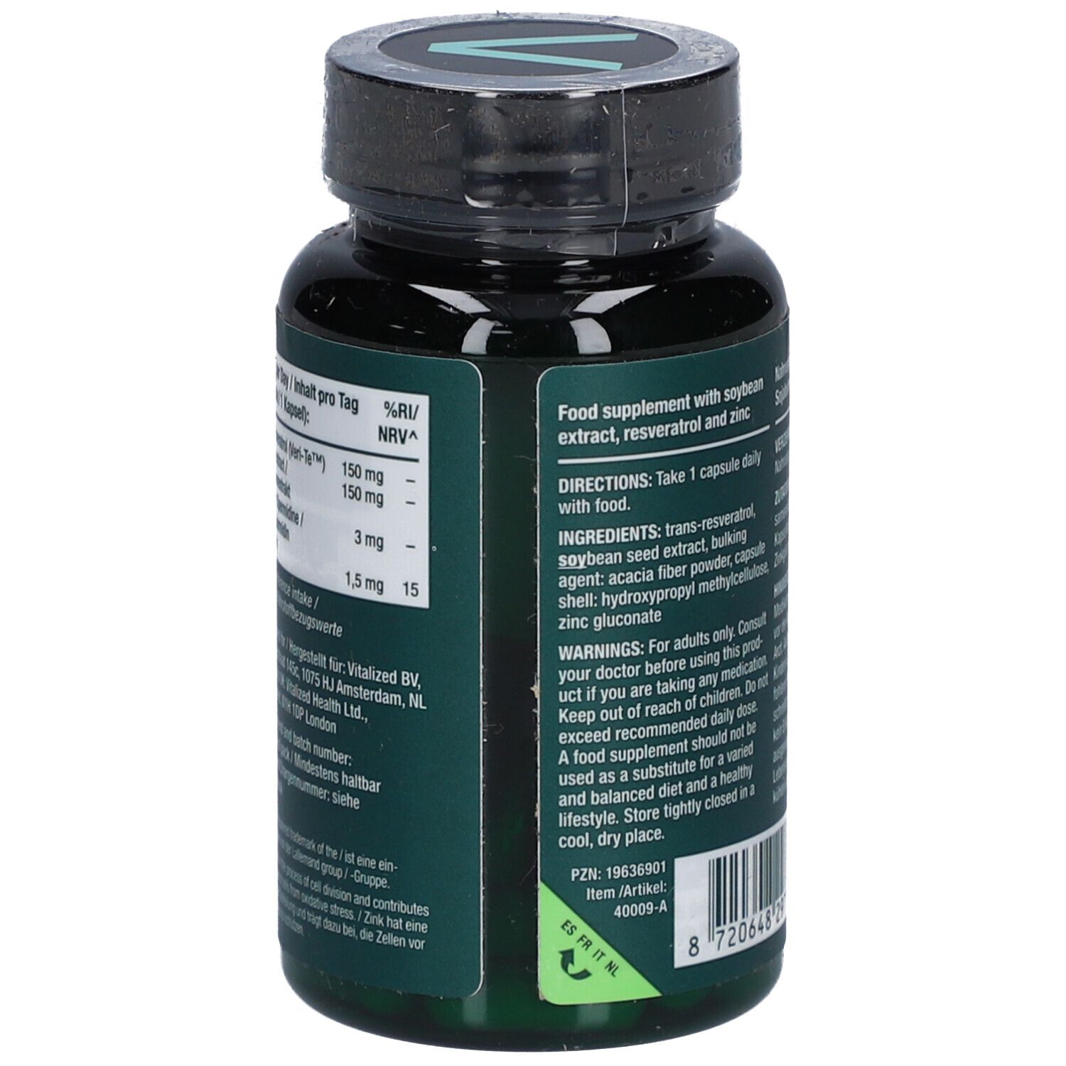 Dos du flacon vert de gélules. Texte : Complément alimentaire avec extrait de soja, resvératrol et zinc. Marque : Vitalized.