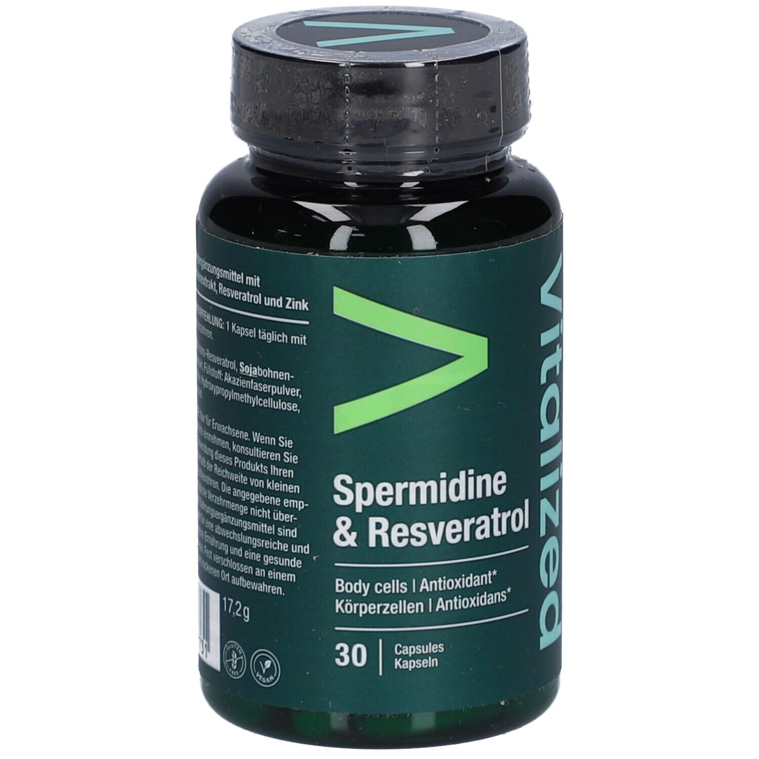 Flacon vert de gélules Spermidine & Resveratrol. Inscription : 30 gélules. Marque : Vitalized.