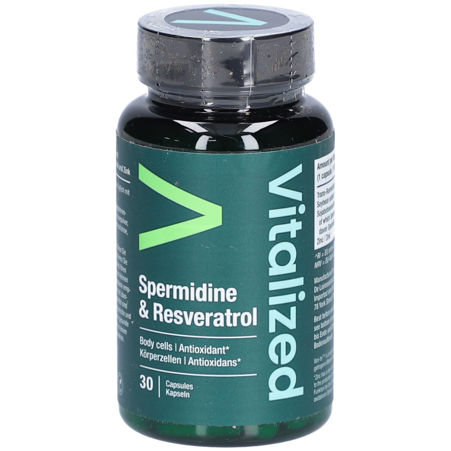 Flacon vert de gélules Spermidine & Resveratrol. Inscription : 30 gélules. Marque : Vitalized.