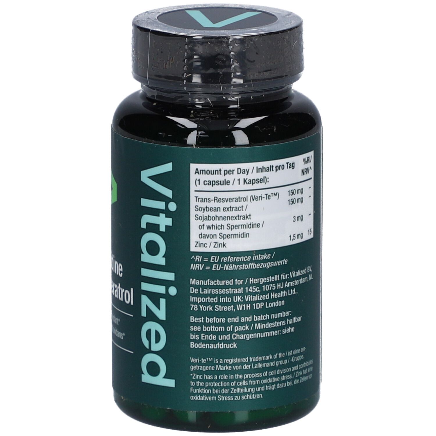 Dos du flacon vert de gélules. Texte : Quantité par jour. Marque : Vitalized. Contient trans-resvératrol, extrait de soja, spermidine et zinc.