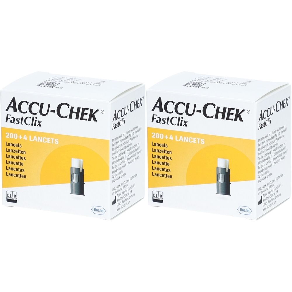 Zwei Packungen ACCU-CHEK FastClix Lanzetten. Weiße Kartons mit Produktnamen, 200+4 Lanzetten und Abbildung einer Lanzette.