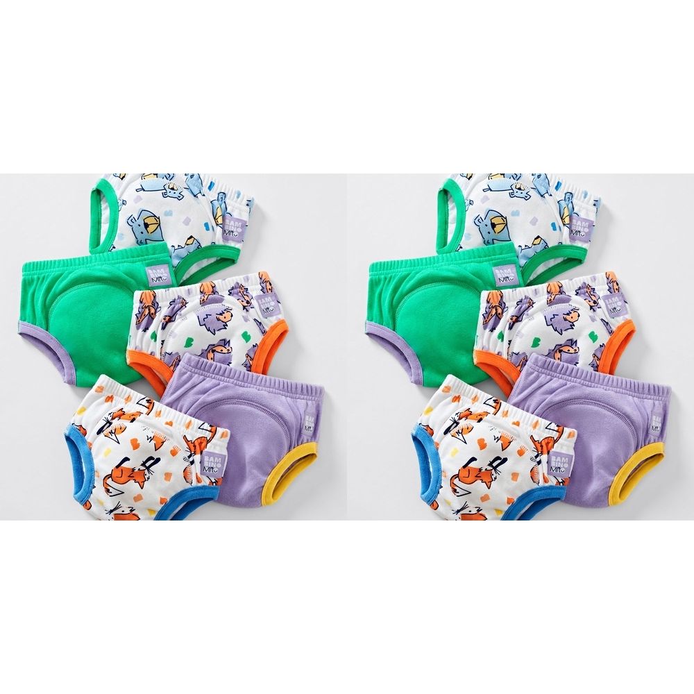 Plusieurs culottes d'apprentissage lavables. Différentes couleurs et motifs animaux. Vert, violet, orange et bleu. Avec bordures jaunes, bleues et vertes.