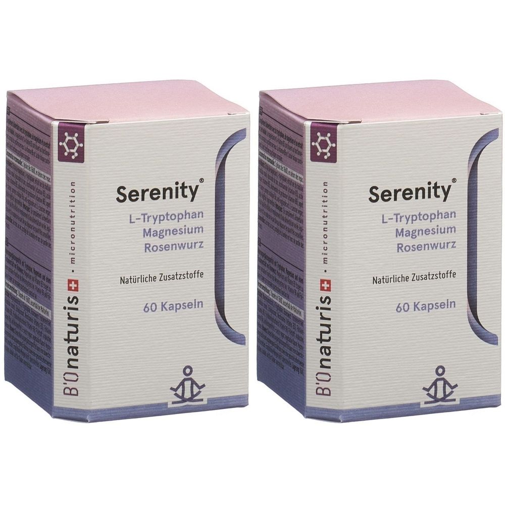 Zwei rechteckige Schachteln mit der Aufschrift "Serenity". Enthält L-Tryptophan, Magnesium, Rosenwurz und 60 Kapseln. Marke B'onaturis.