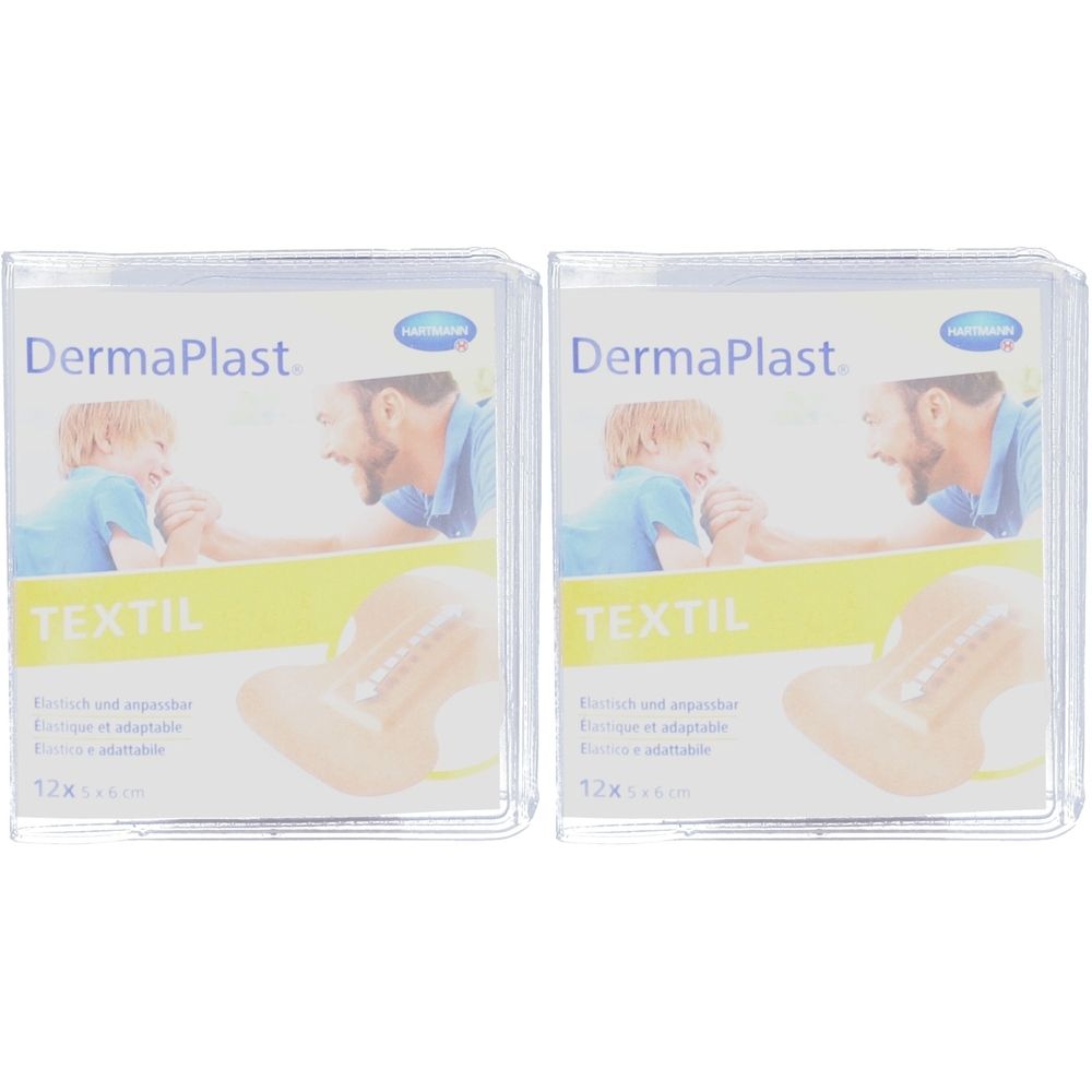 Deux emballages de pansements Dermaplast Textil pour le bout des doigts. Chaque emballage montre un père et un enfant. Inscription : Textil, 17x5x6 cm.