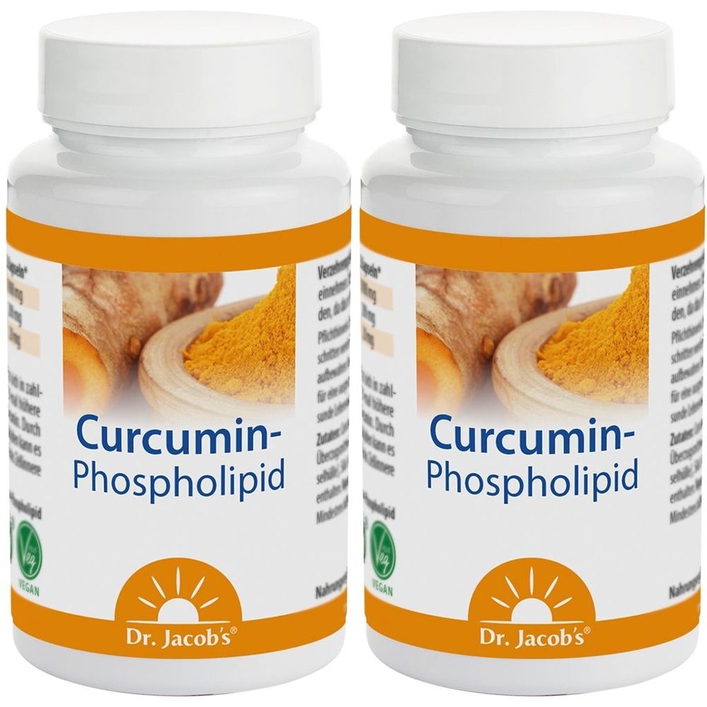 Zwei weiße Flaschen mit gelbem Etikett. Aufschrift: Curcumin-Phospholipid, Dr. Jacob's. Vegan-Siegel. Abbildung von Kurkuma.