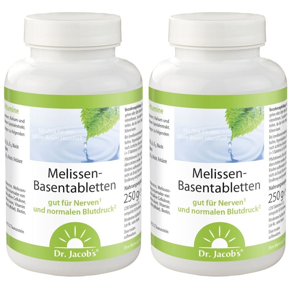 Deux flacons blancs avec étiquettes vertes. Inscription : Melissen-Basentabletten, Dr. Jacob's. 250g. Bon pour les nerfs et la tension artérielle normale.