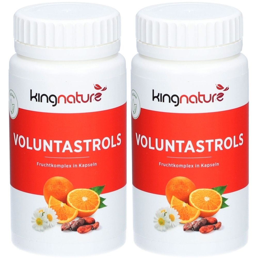 Zwei weiße Flaschen mit rotem Etikett. Aufschrift: kingnature, Voluntastrols. Abbildung: Orangen, Kamille, Kapseln.