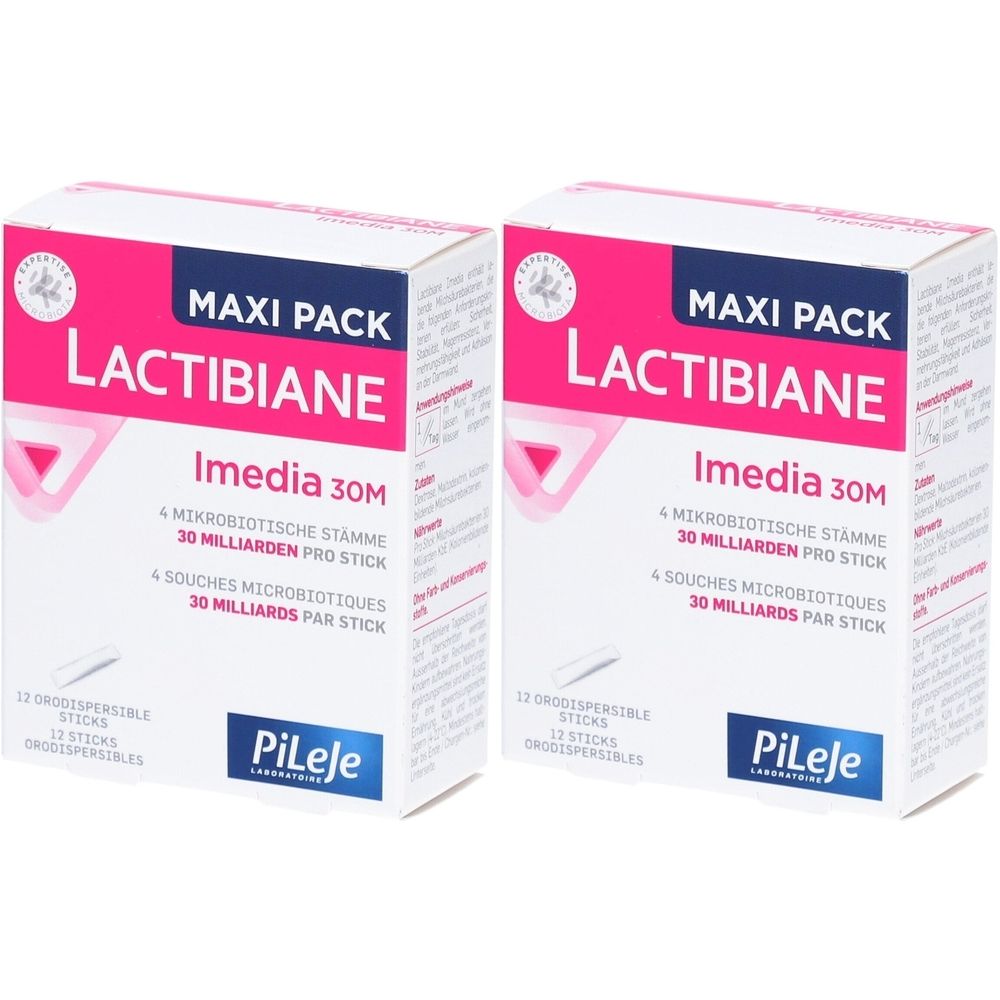 Zwei weiße Kartons mit rosa und blauer Beschriftung. Aufschrift: LACTIBIANE Imedia 30M, 4 mikrobiotische Stämme, 30 Milliarden pro Stick. Marke: PiLeje.