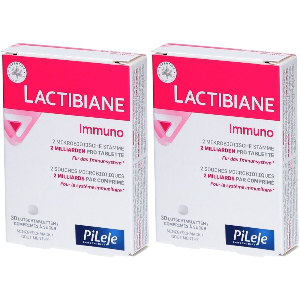 Deux boîtes de Lactibiane Immuno. Emballage blanc et rose avec nom et informations. Marque Pileje.