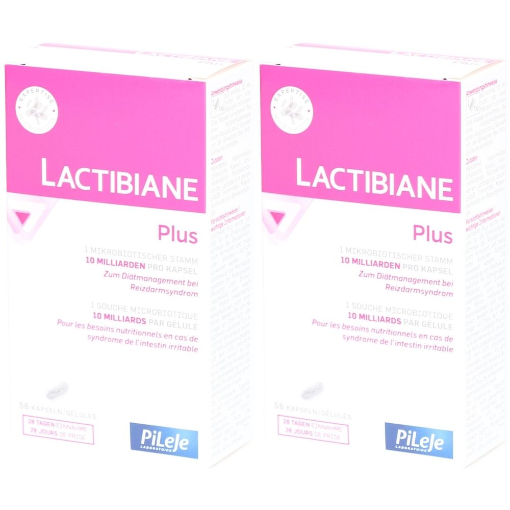 Zwei weiße Kartons mit rosa Deckel. Aufschrift: LACTIBIANE Plus, 10 Milliarden pro Kapsel. Marke: PiLeje.