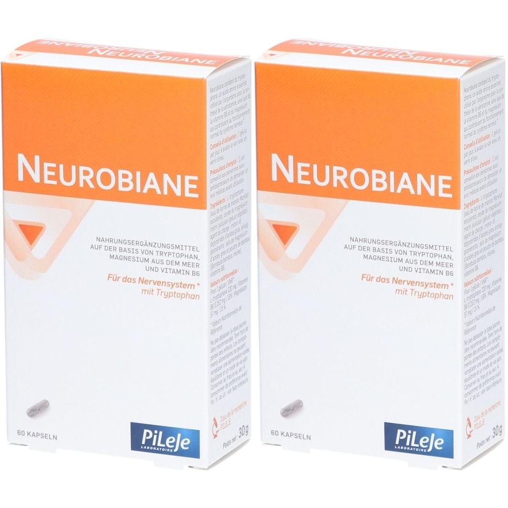 Zwei Schachteln Neurobiane. Weiß, orangefarben. Aufschrift: Neurobiane, PiLeje. Enthält Kapseln.