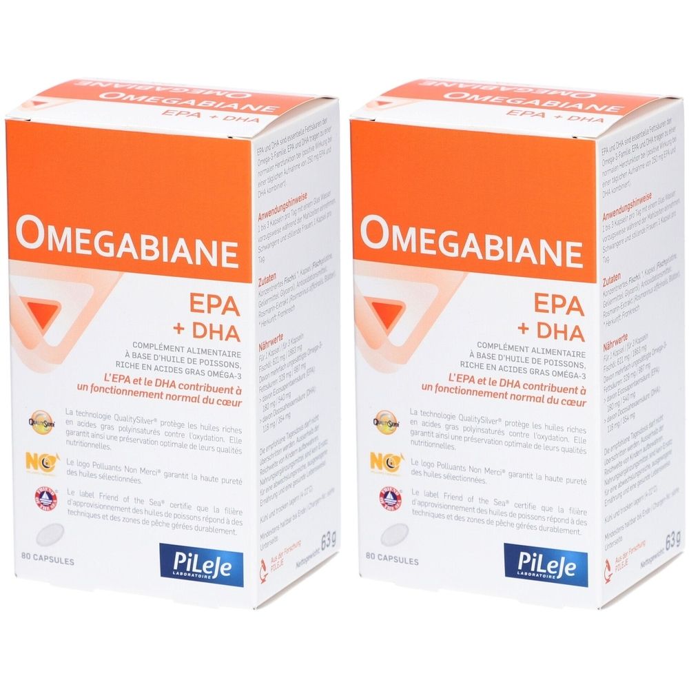 Deux boîtes Omegabiane EPA + DHA. Bande orange en haut. Texte : PiLeje, 60 capsules.