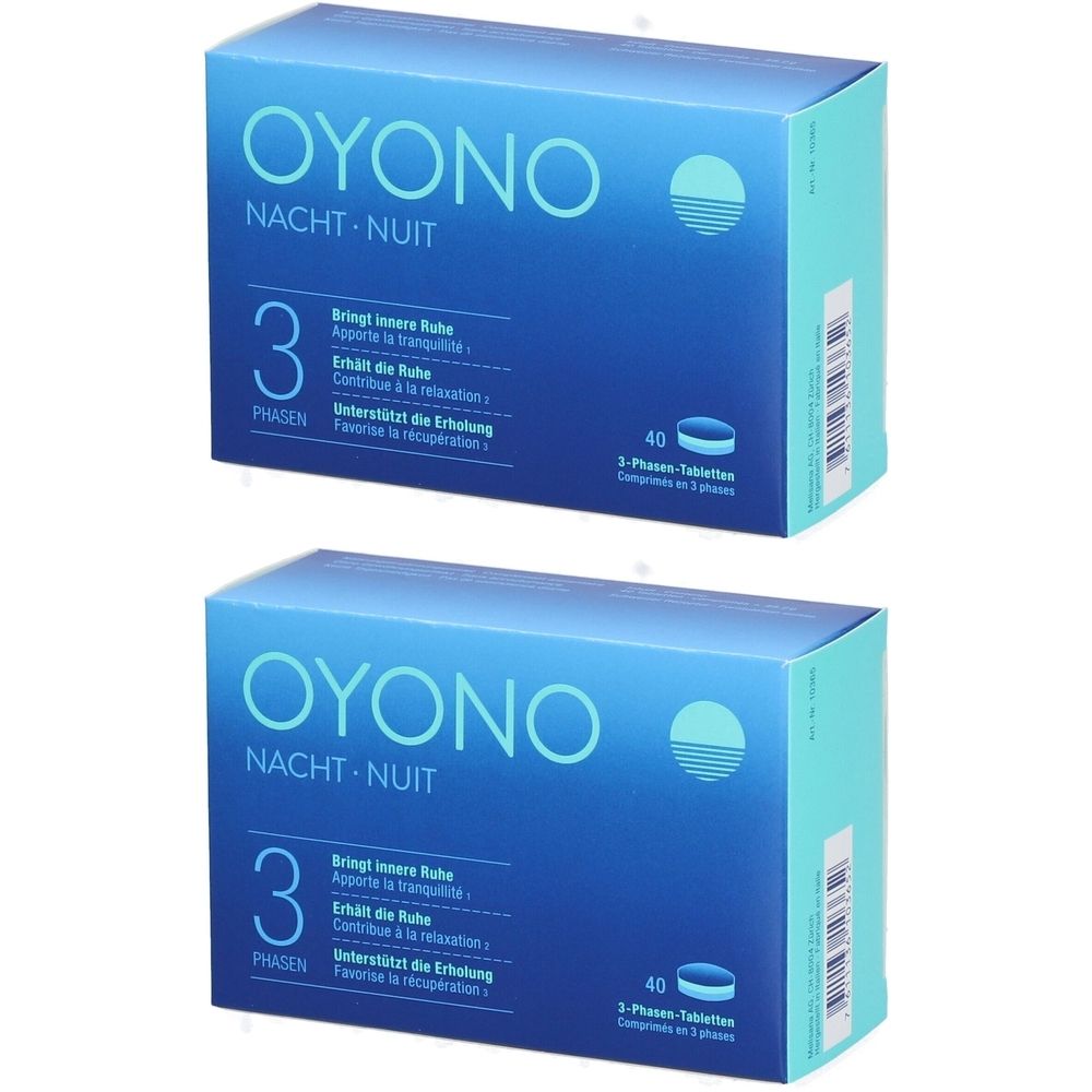 Deux boîtes bleues OYONO Nuit. 3 phases, comprimés. 40 comprimés par boîte.