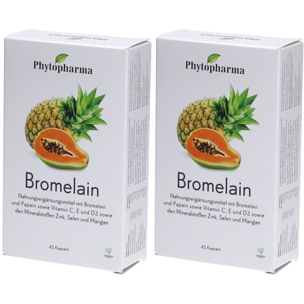 Zwei weiße Schachteln mit "Phytopharma Bromelain". Abbildung von Ananas und Papaya. Text: Nahrungsergänzungsmittel, 45 Kapseln.