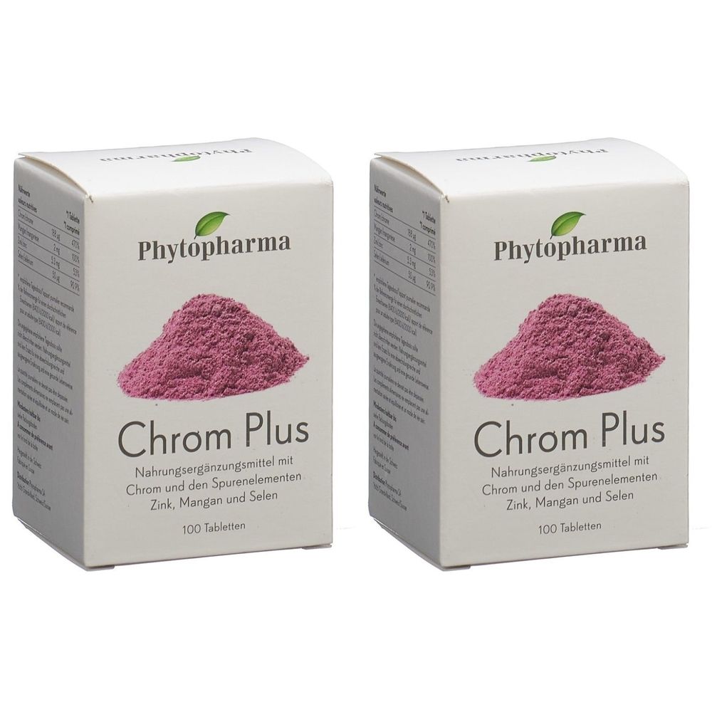 Deux boîtes blanches avec "Phytopharma Chrom Plus". Image d'une poudre rose. Texte : Complément alimentaire avec chrome, zinc, manganèse et sélénium.