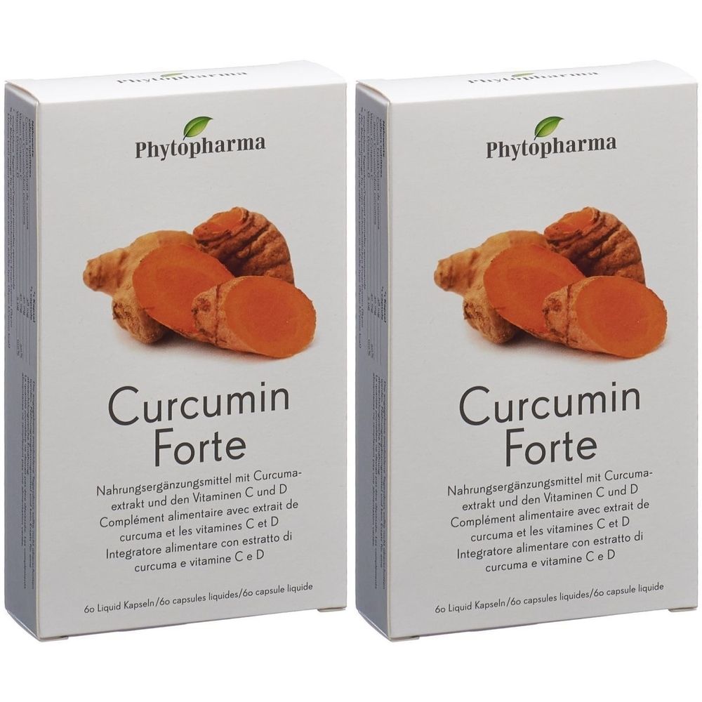 Zwei weiße Kartons mit Produktnamen Curcumin Forte. Abbildung von Kurkuma-Wurzeln. Text in Deutsch, Französisch und Italienisch.