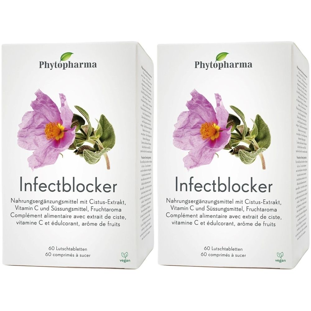 Zwei weiße Schachteln mit "Phytopharma" und "Infectblocker" Aufdruck. Abbildung einer Blüte. Text: Nahrungsergänzungsmittel, 60 Lutschtabletten.
