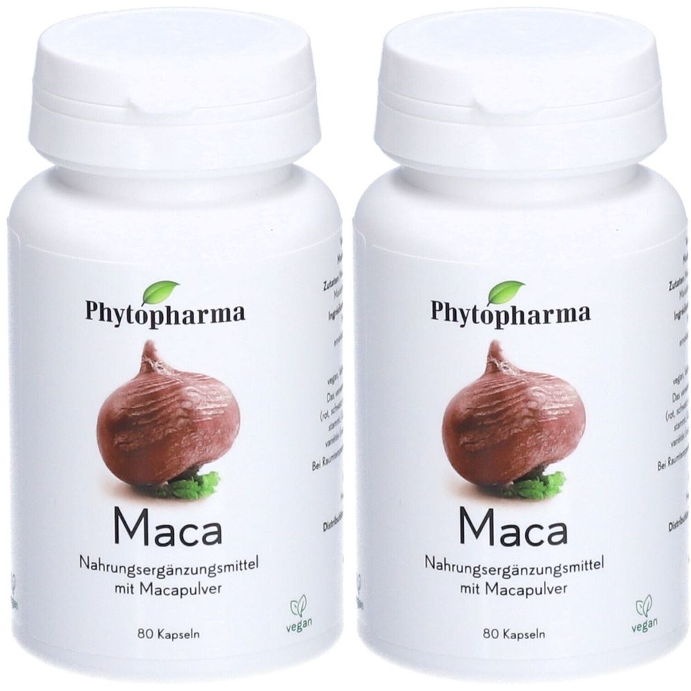 Zwei weiße Flaschen mit dem Etikett PHYTOPHARMA Maca. Aufschrift: Nahrungsergänzungsmittel mit Macapulver. 80 Kapseln. Vegan.