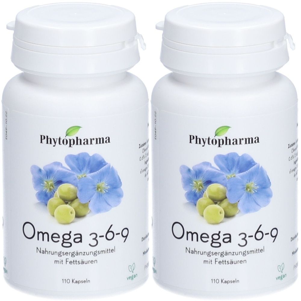 Deux flacons blancs de gélules. Inscription : Phytopharma, Oméga 3-6-9, complément alimentaire avec acides gras. 110 gélules. Label végan.