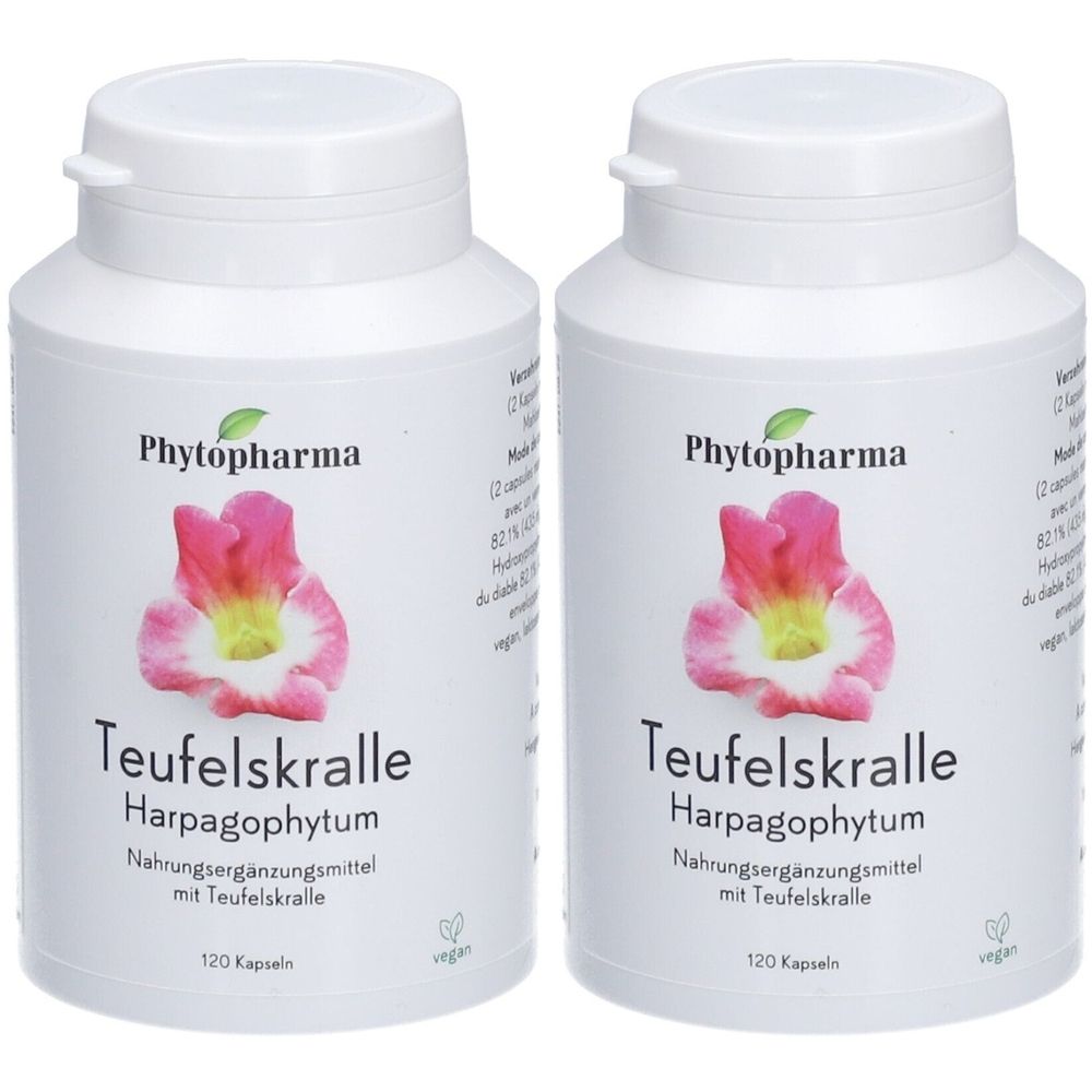 Deux flacons blancs avec étiquettes. Inscription : Phytopharma, Griffe du diable Harpagophytum, complément alimentaire. 120 gélules. Label végan.