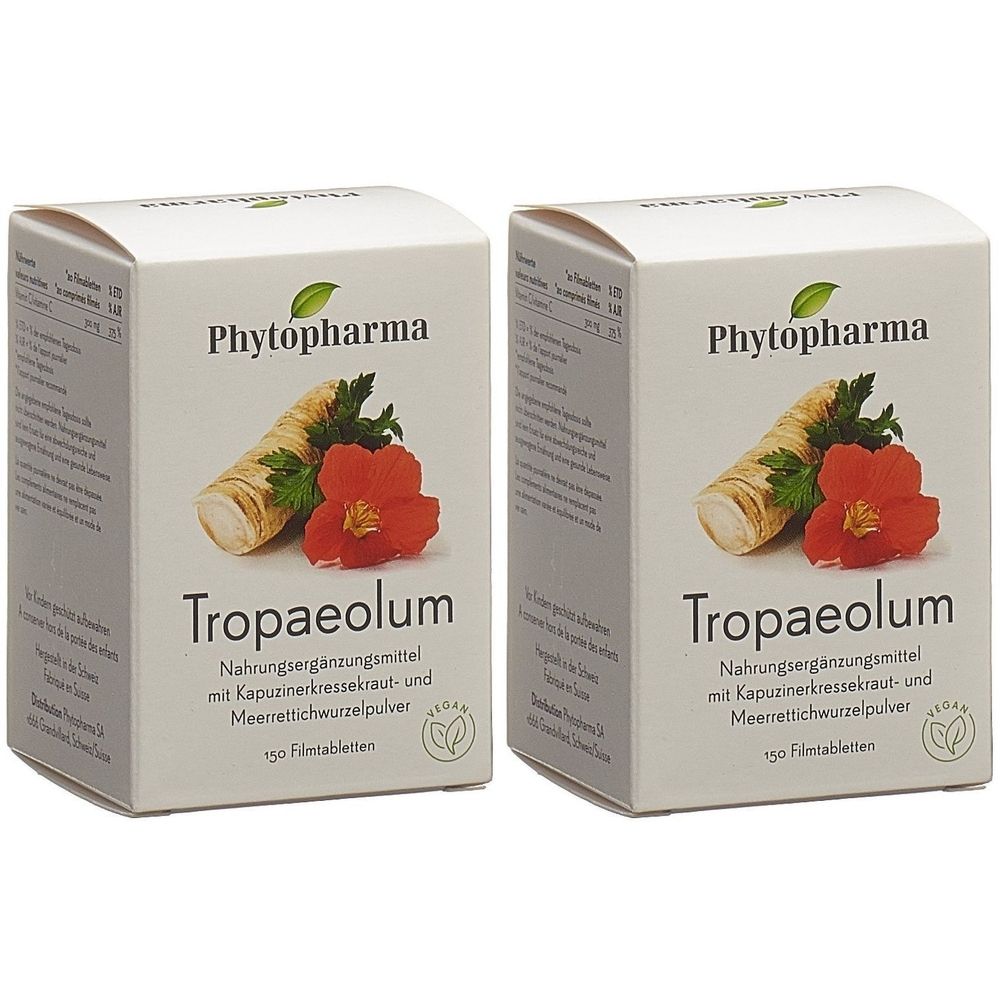 Zwei weiße Schachteln mit "Phytopharma Tropaeolum". Aufdruck: Illustration mit Meerrettich, Kapuzinerkresse. Text: Nahrungsergänzungsmittel, 150 Filmtabletten.