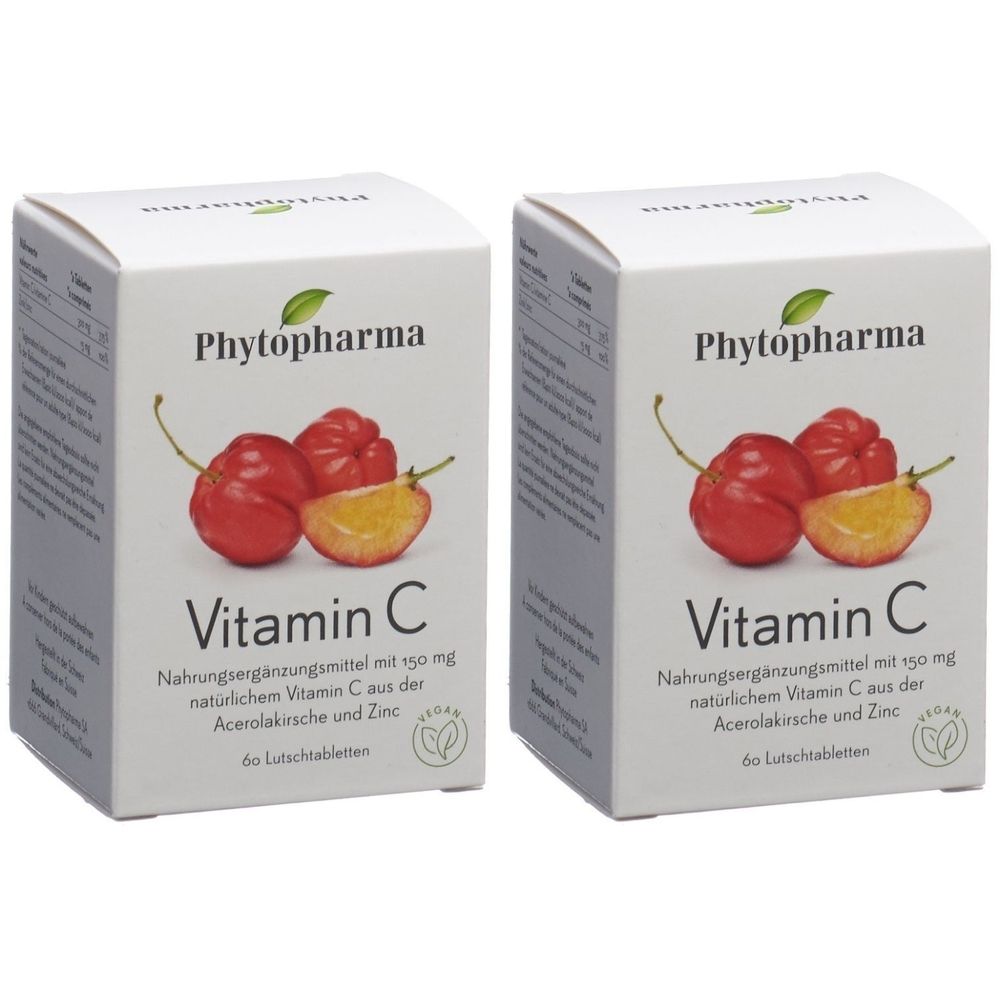 Zwei weiße Schachteln mit "Phytopharma Vitamin C". Abbildung von Acerolakirschen. Text: Nahrungsergänzungsmittel, 60 Lutschtabletten.
