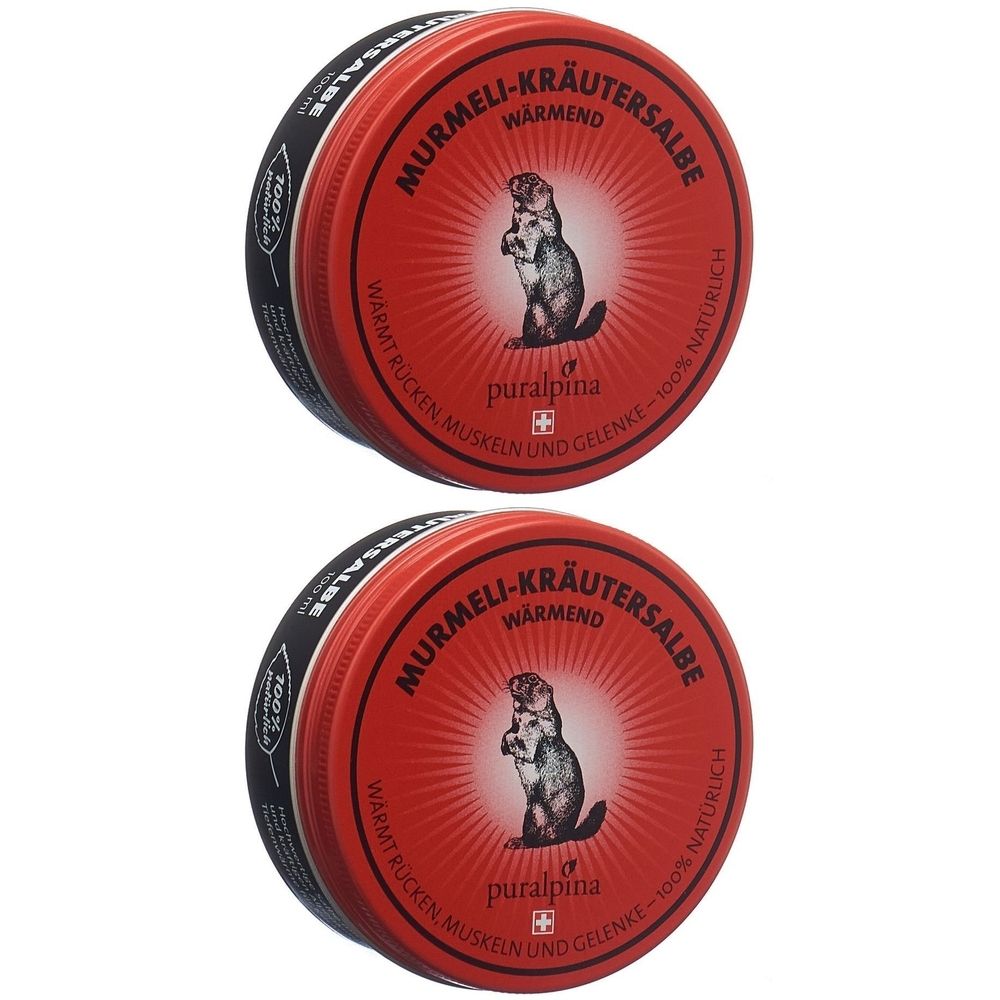 Zwei runde Dosen mit rotem Deckel. Aufschrift: Murmeli-Kräutersalbe wärmend. Logo: Murmeltier. Marke: puralpina. Schwarzer Rand mit Text.