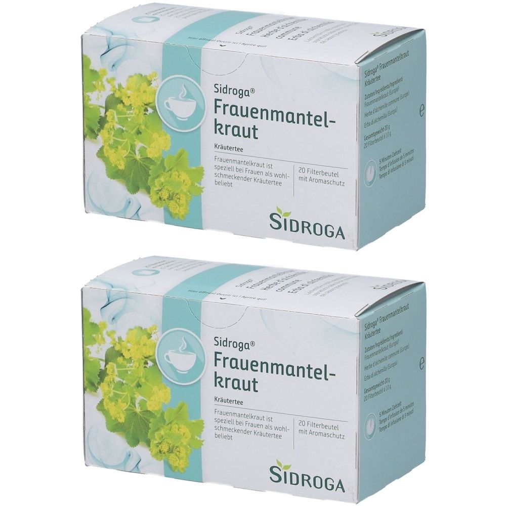 Deux boîtes de Sidroga Frauenmantelkraut. Impression avec nom du produit, tisane et logo. Illustration d'alchémille.