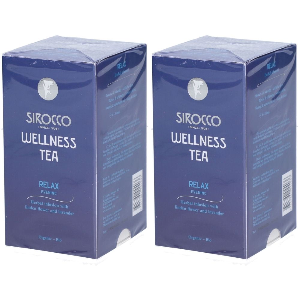 Deux boîtes carrées de Sirocco Wellness Tea. Emballage bleu avec texte: Relax, infusion de plantes avec fleur indienne et lavande.