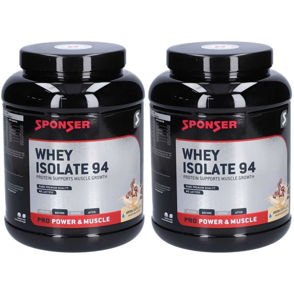 Deux pots noirs avec l'inscription "SPONSER WHEY ISOLATE 94". Texte : "Protein soutient la croissance musculaire".