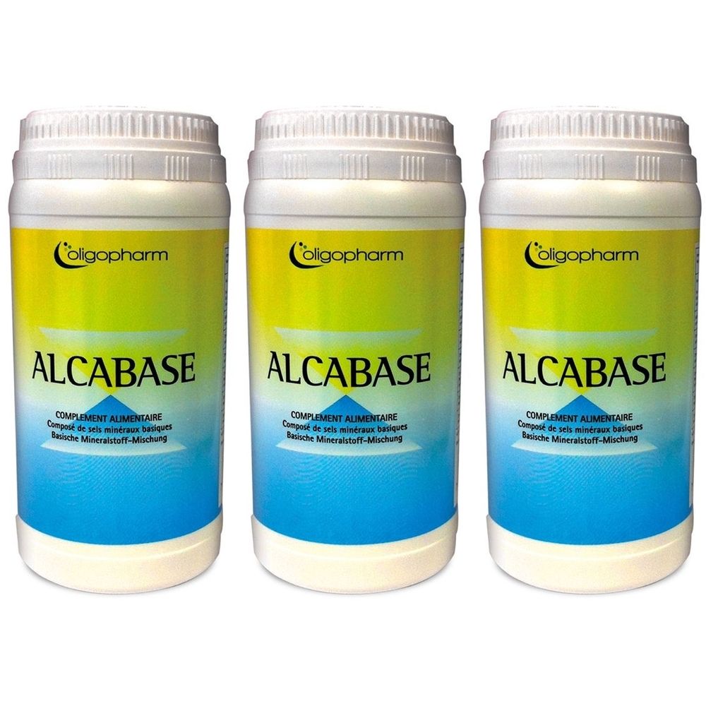 Trois contenants cylindriques avec couvercles blancs. Inscription "Oligopharm Alcabase" avec des couleurs bleu, jaune et blanc. Texte en français.