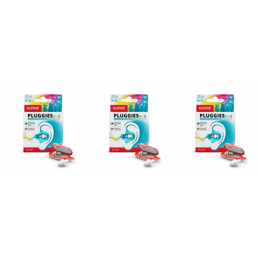 Trois boîtes de Pluggies Kids ALPINE. Chaque boîte contient des bouchons d'oreille et un étui de rangement rouge. L'emballage montre une oreille.