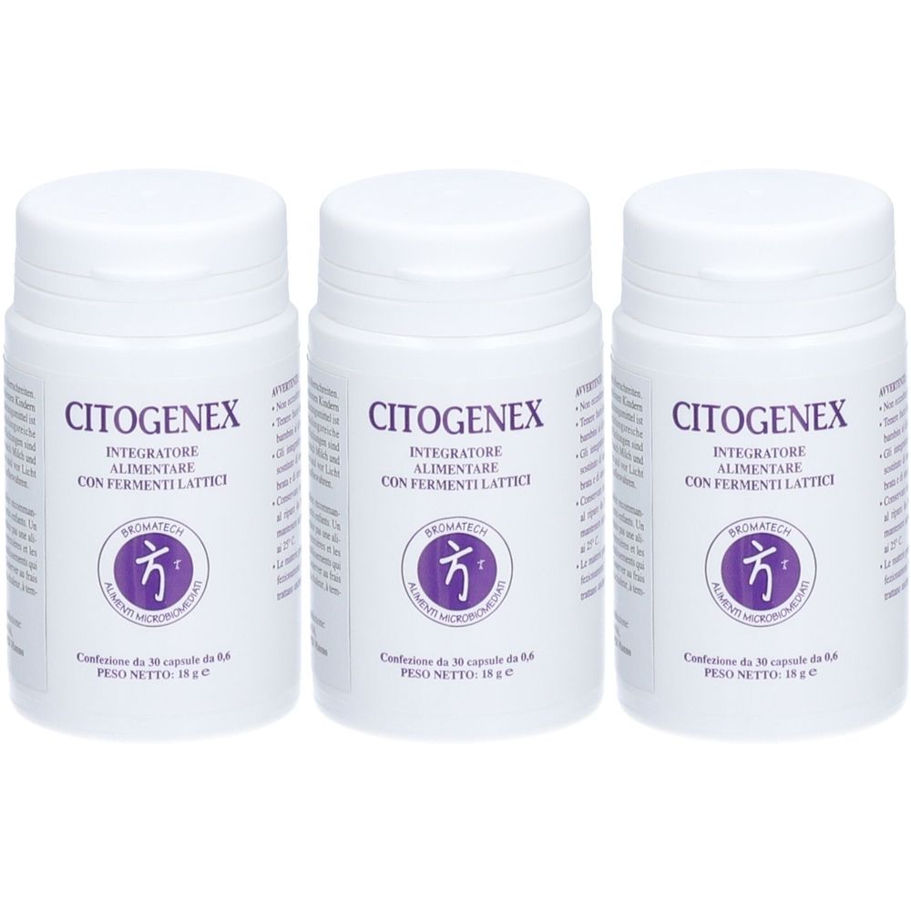 Trois flacons blancs avec l'inscription CITOGENEX. Logo violet et texte sur chaque flacon. Étiquettes avec informations.