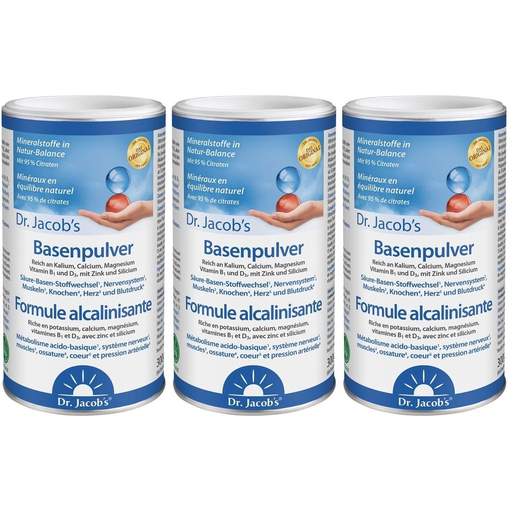 Drei Dosen Dr. Jacob's Basenpulver. Blaue und weiße Dosen mit Produktinformationen und Logo.