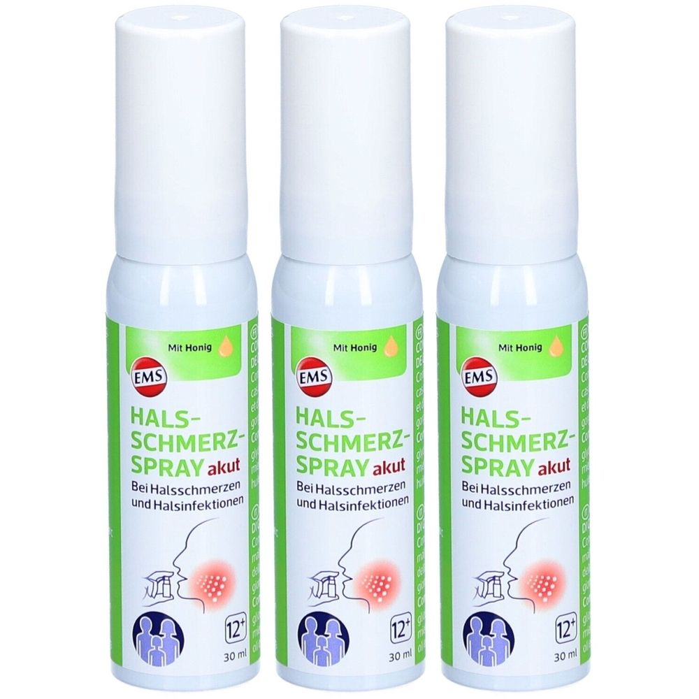 Trois sprays avec bouchons blancs et étiquettes vertes et blanches. Inscription: EMS Halsschmerzspray akut. Illustration d'une gorge.