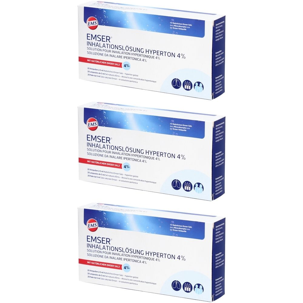 Drei weiße Kartons mit blauer und roter Beschriftung. Aufschrift: EMSER Inhalationslösung Hyperton 4%. Symbole für Atemwege.
