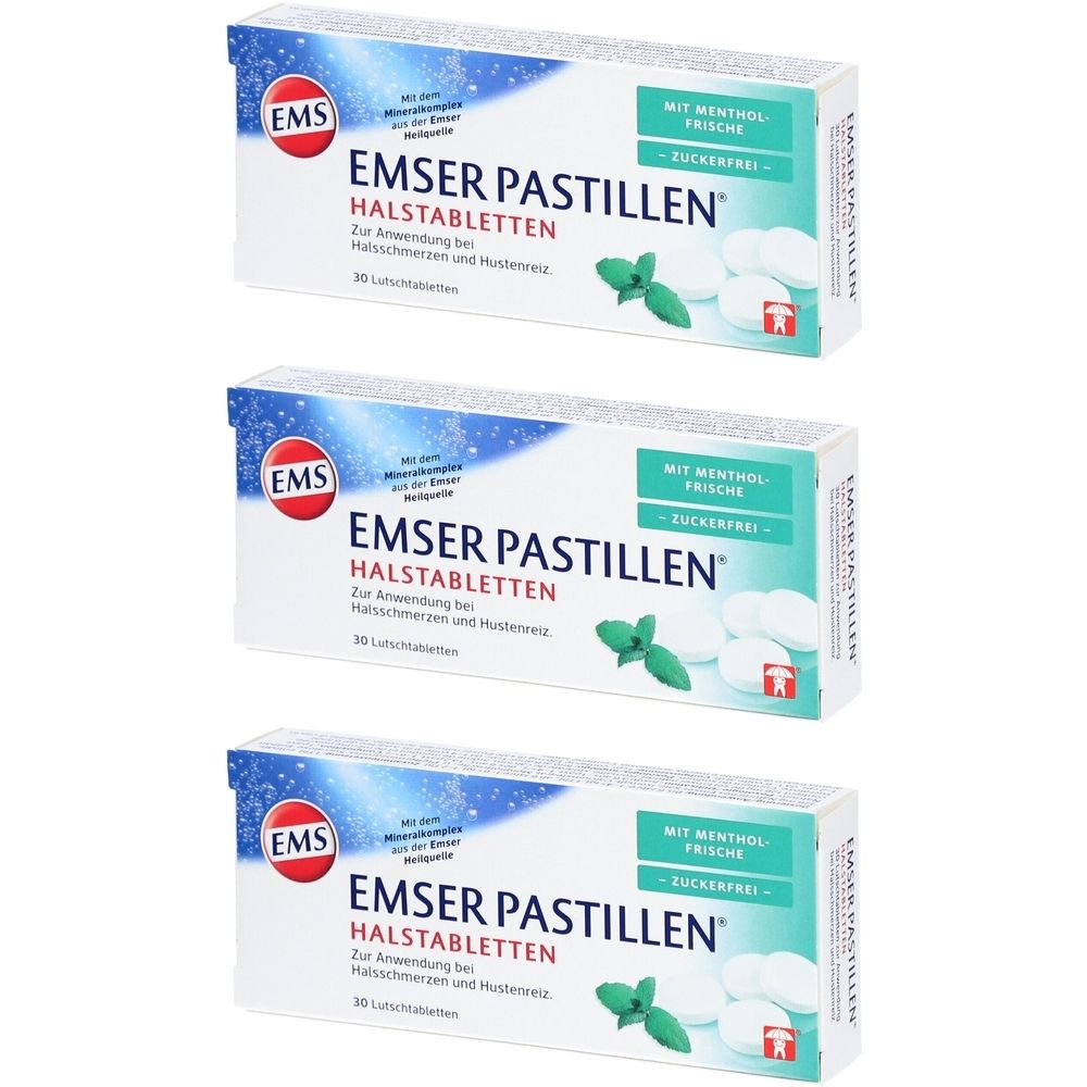 Drei Schachteln Emser Pastillen. Aufschrift: Emser Pastillen Halstabletten, mit Menthol Frische, zuckerfrei. Mint-Blatt-Illustration.