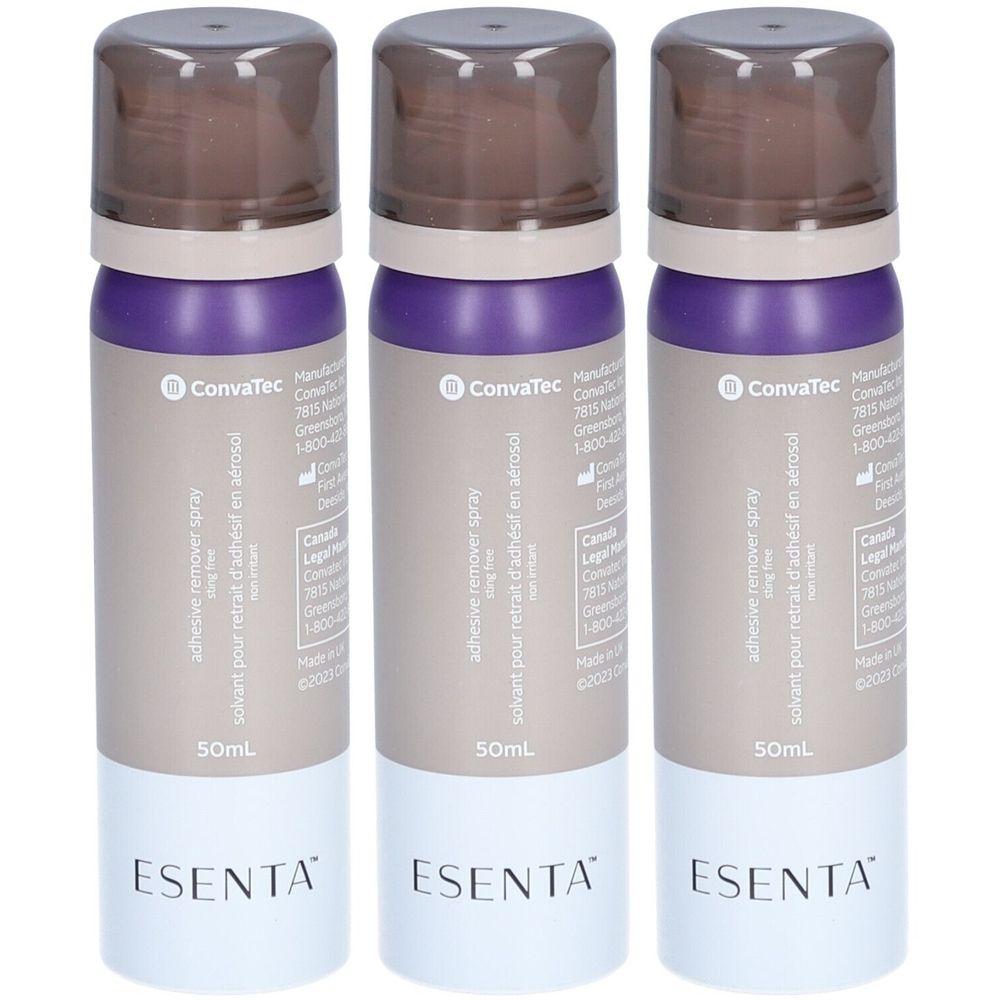 Drei Sprays mit braunen Kappen und lila-grauen Etiketten. Aufschrift: ConvaTec, Esenta, adhesive remover spray, 50ml.