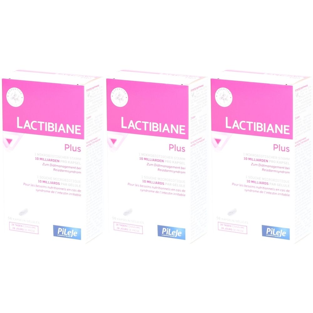 Trois boîtes "LACTIBIANE Plus". Emballage rose et blanc. Texte en allemand et en français. Logo Pileje.