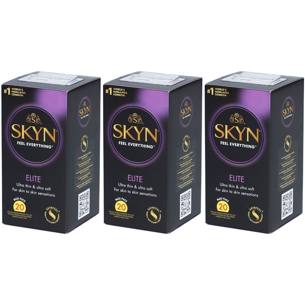 Trois boîtes de préservatifs SKYN Elite. Emballage noir avec accents violets. Inscription : Ultra fin & ultra doux. Paquet de 20.