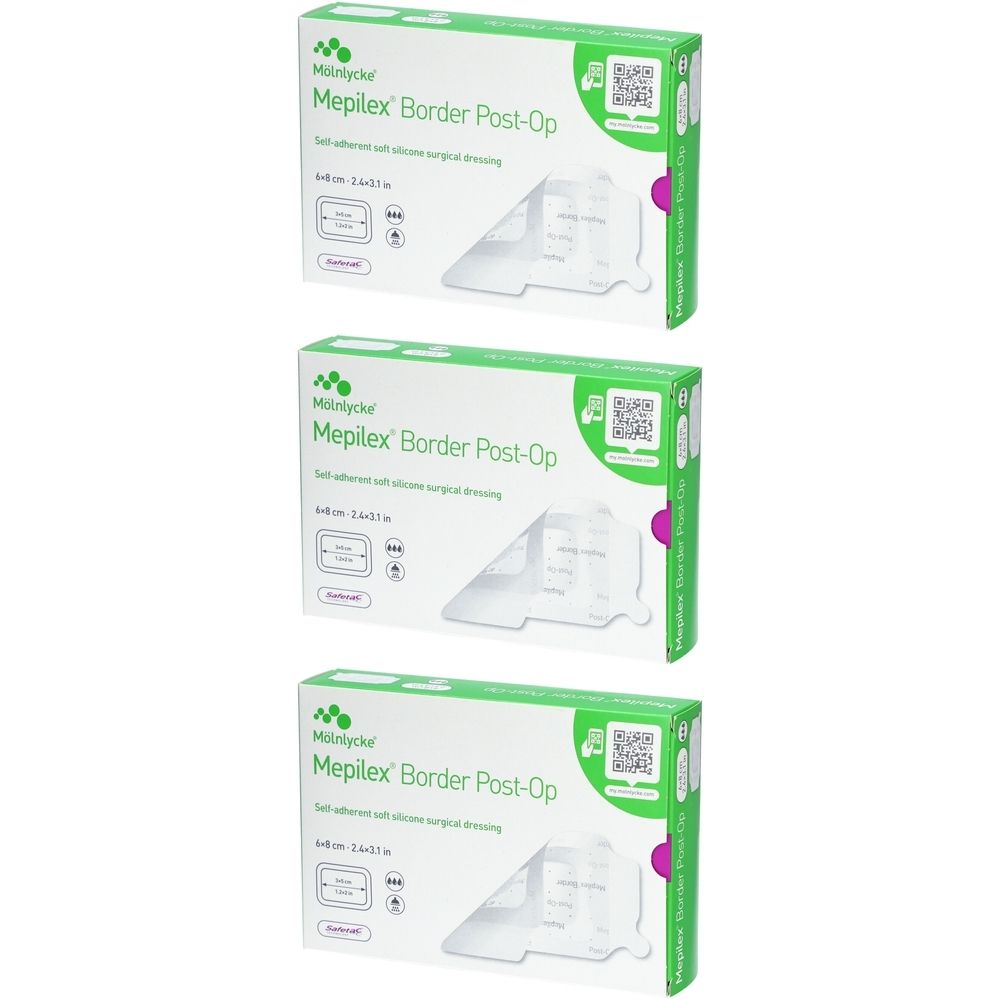 Trois boîtes vertes avec l'inscription "Mepilex Border Post-Op". Un pansement est représenté sur chaque boîte.