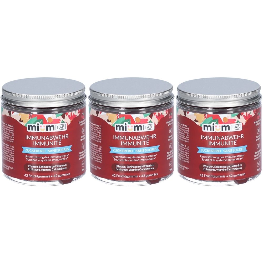 Drei Gläser miumLAB Gummies Immunité. Rote Etiketten mit Produktnamen und Inhaltsstoffen. Silberne Deckel.