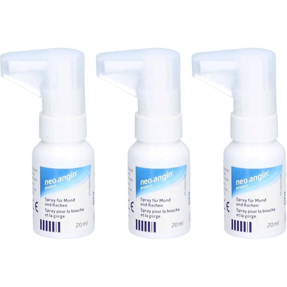 Drei weiße Sprays mit blau-weißen Etiketten. Aufschrift: neo-angin protect, Spray für Mund und Rachen, 20ml.