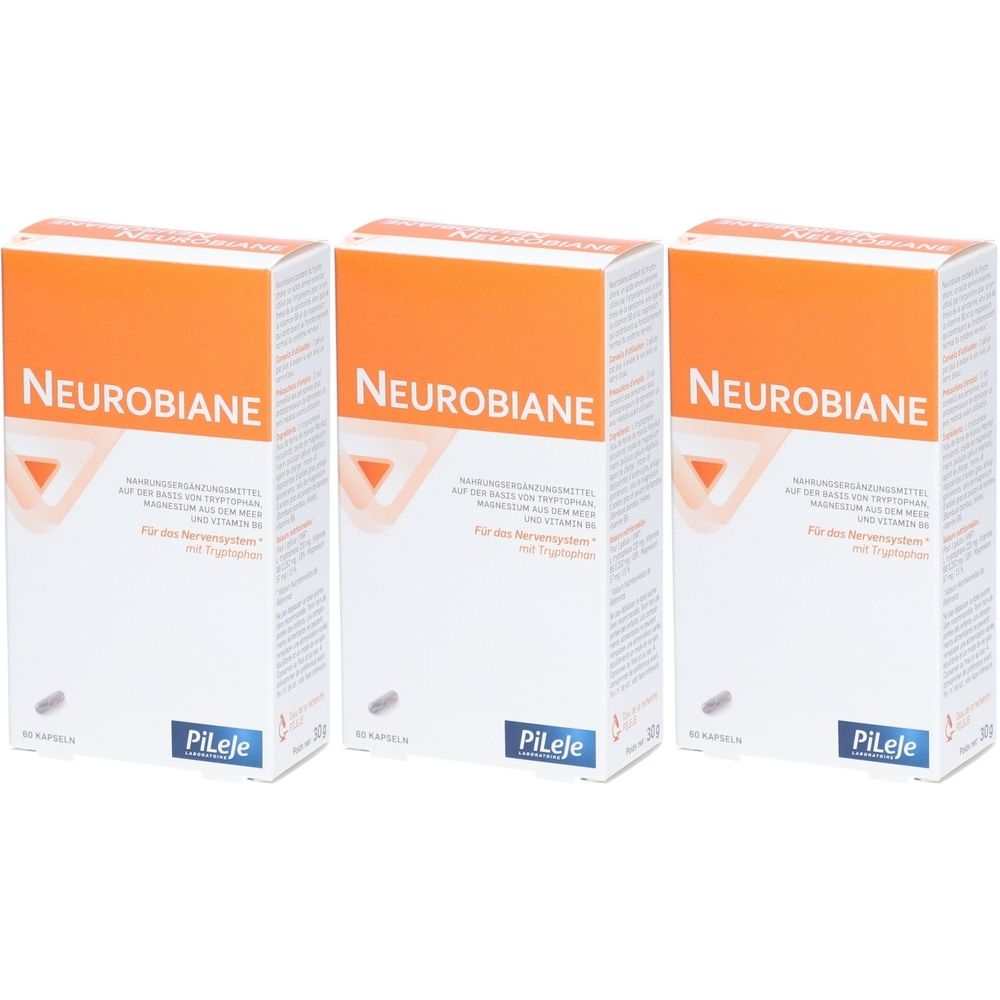 Drei Schachteln mit der Aufschrift "Neurobiane". Orangefarbener Deckel, weißer Korpus. Marke Pileje.