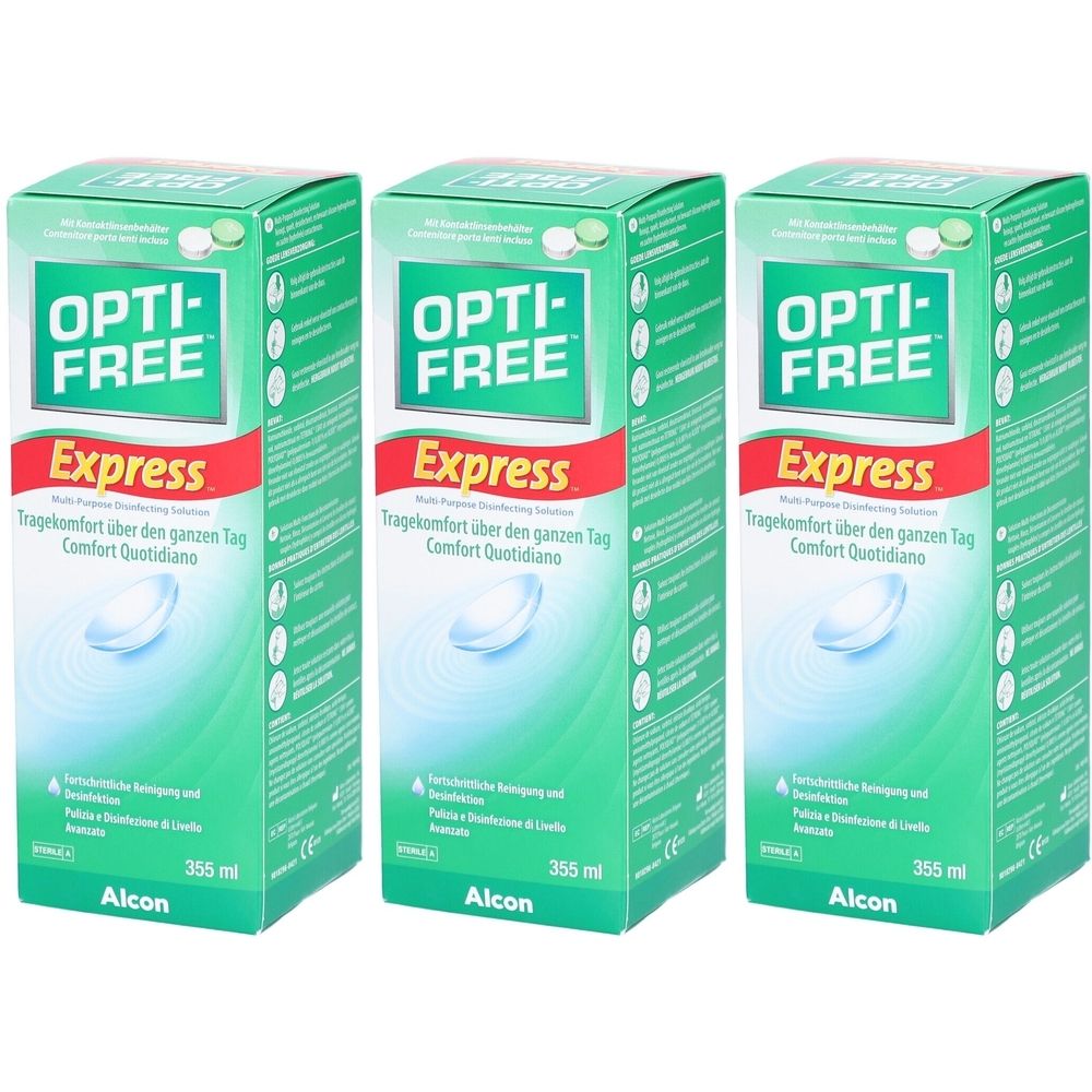 Trois boîtes vertes OPTI-FREE Express. Inscriptions : "Tragekomfort über den ganzen Tag" et "355 ml". Marque Alcon.