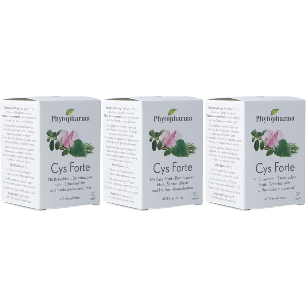 Trois boîtes blanches avec l'inscription "Phytopharma Cys Forte". Chaque boîte présente un motif végétal et du texte en allemand.