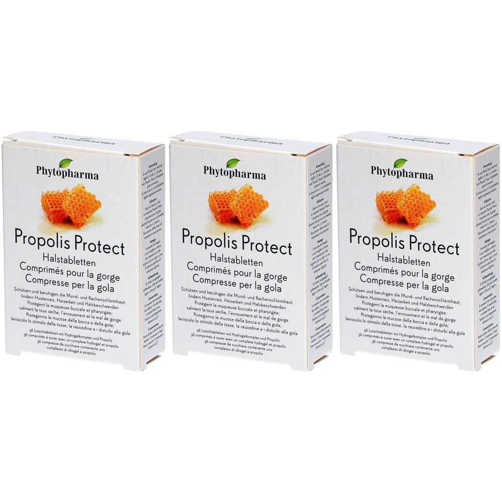Drei Schachteln mit "Propolis Protect Halstabletten". Auf jeder Schachtel ist das Logo von Phytopharma und ein Bild von Waben zu sehen.